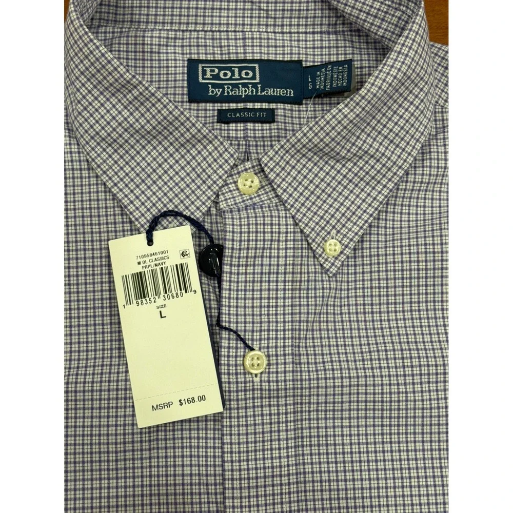 NWT Polo Ralph Lauren Button Down Mens Purple Navy Micro Check Classic Fit L